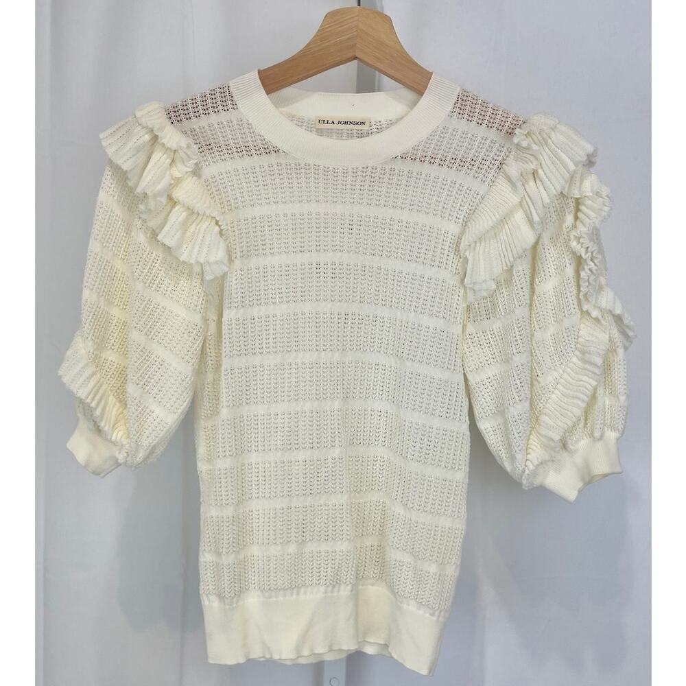 ULLA JOHNSON Aveline Pointelle Knit Ruffle Sleeve Sweater Top Cream Estimated XS